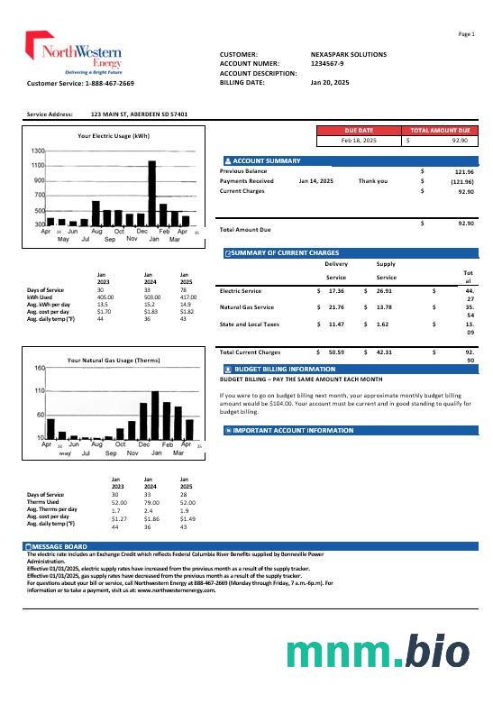 USA NorthWestern Energy rachunek za usługi komunalne szablon w formacie Word i PDF, Wersja 1